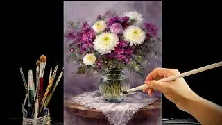 🎨 Painting White & Purple Chrysanthemum in a Glass Vase | Relaxing Acrylic Painting | #158