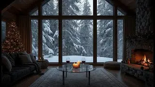 Winter Cabin Lounge Ambience | Fireplace Light and Snow Covered Trees