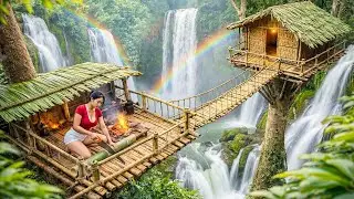 TIMELAPSE - Building a Wooden & Bamboo House on a Dangerous Waterfall | Dangerous Off-Grid Life