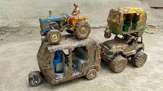 Muddy Auto Rickshaw And Tractor Water Jump Muddy Cleaning And Toy Crane Pulling Out | Muddy Toys #5