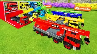 ALL COLORFUL SCANIA XT CRANE, MAN TIPPER TRUCK TRANSPORTING TO GARAGE WITH FLATBED TRAILER TRUCK