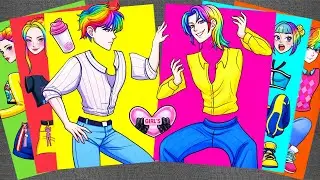 [Paper diy] Jinu and Mystery Saja Rainbow Hair Fashion 🌈 KPop Demon Hunters Sticker Book, ASMR
