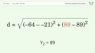 Find the distance between two points p1 (-21,89) and p2 (-64,89): Step-by-Step Video Solution