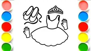 Drawing and Coloring Princess Dress, Shoes, Gloves and Crown | Easy Princess Drawing for Kids