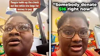 Entitled Beggar BLOCKS Check Out Line To Beg For Money