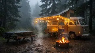 your secret rainy hideaway: heavy rain on van roof and warm fireplace tempat rahasia hujan perapian