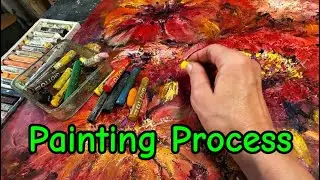 Textured Acrylic Red Flowers Painting Process | Oil Pastel Accents ASMR Nature Sounds