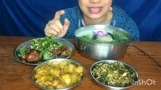 Eating Pakhala Bhata With Chilli Chicken, Santula, Methi Saga Bhaja #mukbangchannel #indianmukbang