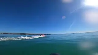 Fast pencil ducks  racing on flat water.