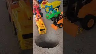 Red tractor pushing 2 truck and orange car 🚗 in pit #jcbtoy #jcb #jcbjcb #shorts #trending