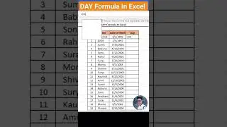 DAY Formula In Excel #computer #excel #exceltricks #shorts #viral