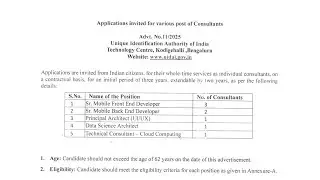 Advertisement for Hiring of Technical Consultants at UIDAI Technology Centre|Bengaluru|2025|