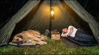 Heavy Rain Solo Camping | Hot Tent Survival Night with My Dog