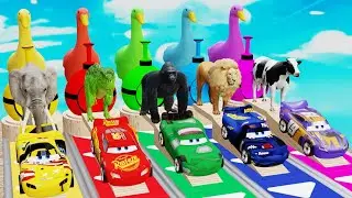 5 Giant Duck Cartoon, Cow, Elephant, Lion, Dinosaur, Paint Wild Animals Crossing Fountain Animation