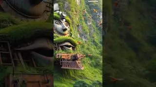 Whimsical Green-Faced Train Emerging from Cliffside Foliage with Birds in Flight&rdquo;