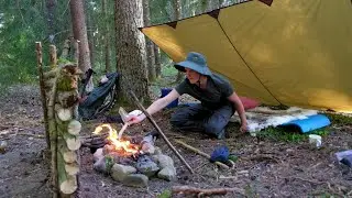 Solo Overnight Bushcraft in Wilderness | Tarp Shelter & Campfire Cooking