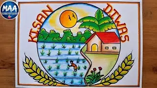 Kisan Diwas Drawing | National Farmer's Day Drawing | Paddy field with farmer scenery drawing