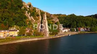 Fast Cinematic Aerial Drone From The River Maas To The Top Of Dinant, 4K stock video