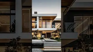A modern, house featuring a sleek minimalist fa&ccedil;ade with large glass windows and warm wooden accents