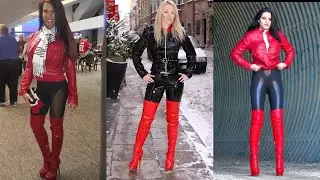 Older Women Leather Outfits Ideas With Red Leather Thigh High Heels 