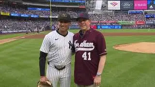 Anthony Day Throws Out First Pitch on Fordham Prep Night at Yankee Stadium