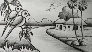 birds scenery drawing with pencil sketch,easy pencil sketch scenery drawing for beginners ,