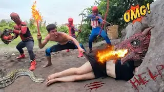 The brave Spider-Man team used chainsaw destroy the ferocious fire dragon to rescue the girl