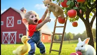 Monkey & Duckling Drives Tractor To Rescues Cat From Tall Tree - Monkey Farm Work