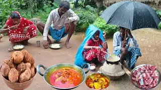 GOAT MEAT curry recipe with TARO ROOTS cooking and eating heavy rainy day || chagol mangsho recipe