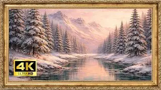 Winter Mountain Serenity | Snowy River Scene 4K | Vintage Frame TV Art & Screensaver