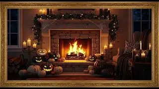 Frame TV Art - Frame Art TV with Music: Haunted Hearth Scene: Moody Lighting, Pumpkins, and Shadowy