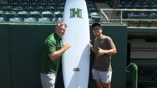 Donahue says Aloha to UH Baseball, Mahalo to Rich Hill with custom surfboard
