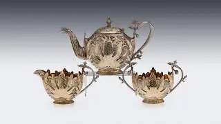 ANTIQUE 19thC INDIAN GILT SOLID SILVER THREE PIECE CHINAR PATTERN TEA SET