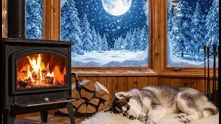 4K Şömine Başında Uyuyan Köpek & Kar Manzarası | 4 Saat Huzur