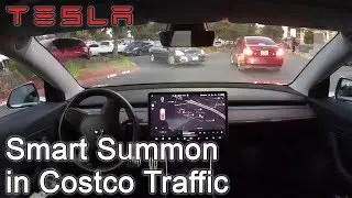 Tesla Smart Summon @ Costco with Stopped Traffic & Pedestrians