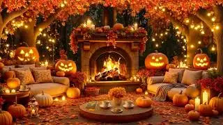 Cozy Autumn Fireplace Ambience - Rain & Crackling Fireplace (Muhii) _ Relaxing Autumn Jazz Music
