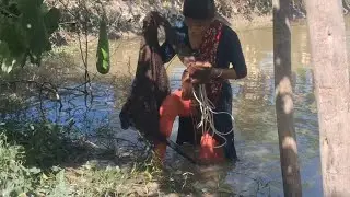 Beauty of Village Fishing: Girl With Net in Pond.