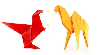 Dinosaurio de papel vs. camello de papel. Idea de origami.