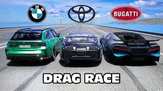 1500HP Supra vs Bugatti Divo vs BMW M3 DRAG RACE