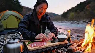 ASMR Solo Camping by the River at Sunset | Sushi Making, Firewood & Coffee Sounds (No Talking)
