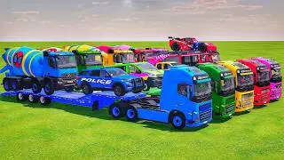 Garage with colors - ALL TRUCK WITH DOBLE FLATBED TRAILER TRUCK, VOLVO, DAF, INTERNATIONAL