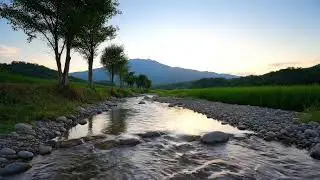 Original Sound of River with Beautiful View of Rice Fields and Mountains