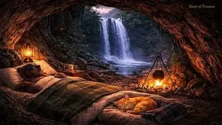 8H Waterfall Cave Campfire - Ember & Bruno Sleeping | Deep Sleep Ambience