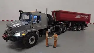 rc truck zetros jdm157 avec remorque fliegl stone master sur&eacute;lev&eacute;e test 1/14 Tamiya carson camion rc