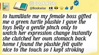 to humiliate me my female boss gifted me a green turtle plushie I gave the toys belly a gentle