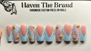 HOW TO: Press On Nail Tutorial! Bloomgng gel, 3d lines, gold accents |HavenTheBrand✨ 