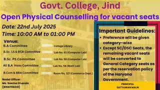 Open Physical Counselling for Vacant Seats at Government College Jind