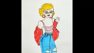 Drawing of a blonde girl putting on her jacket using crayons  /  Easy  girl  drawing