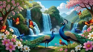 Beautiful Nature Waterfall & Colourful Birds 🌿Relax Chinese Zen Music. #relaxing #nature #waterfall