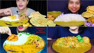Asmr Eating Dal Chawal(dal bhat) Patagobi Bhaja Spicy 🔥Aloo Bharta Omelette Aloo Pakoda Papad 😋
